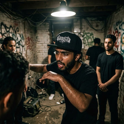 Man in a black 'Gangsta' cap and t-shirt in a graffiti-covered room with others.