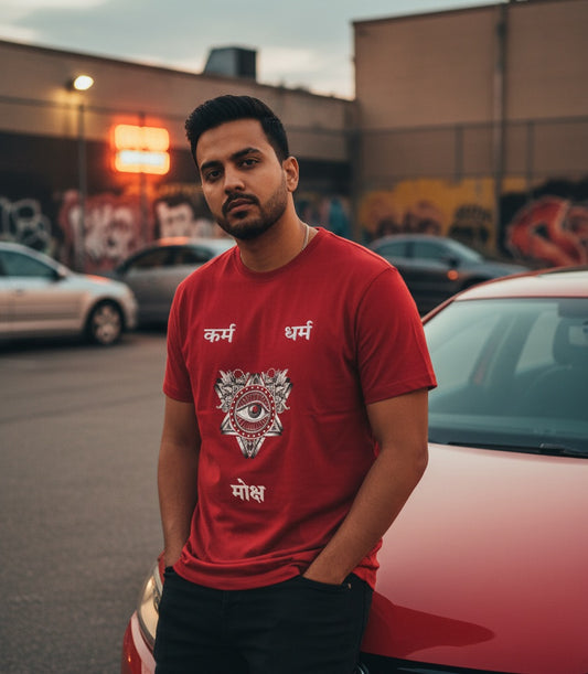 Man wearing a red t-shirt with a graphic design in an urban setting