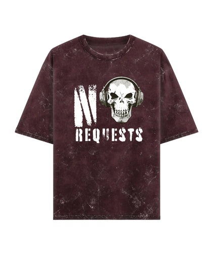 Maroon t-shirt with a skull wearing headphones and 'NO REQUESTS' text on a white background