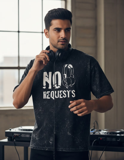 DJ wearing a No Request T-shirt