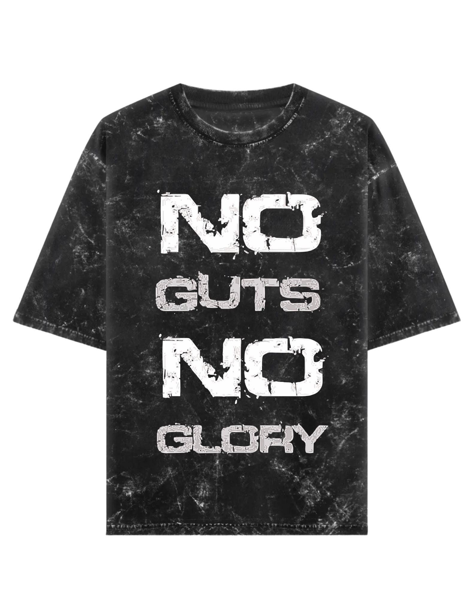 Black t-shirt with 'NO GUTS NO GLORY' text on a white background