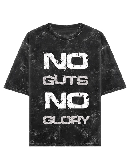 Black t-shirt with 'NO GUTS NO GLORY' text on a white background