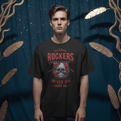 Person wearing a black t-shirt with a graphic design and text against a decorative background