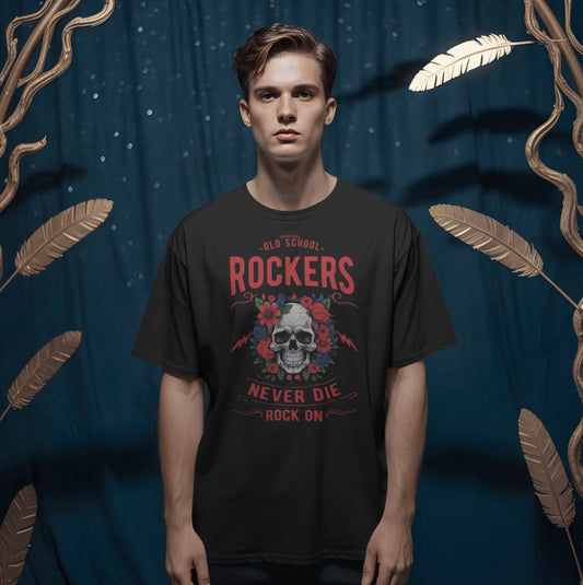 Person wearing a black t-shirt with a graphic design and text against a decorative background