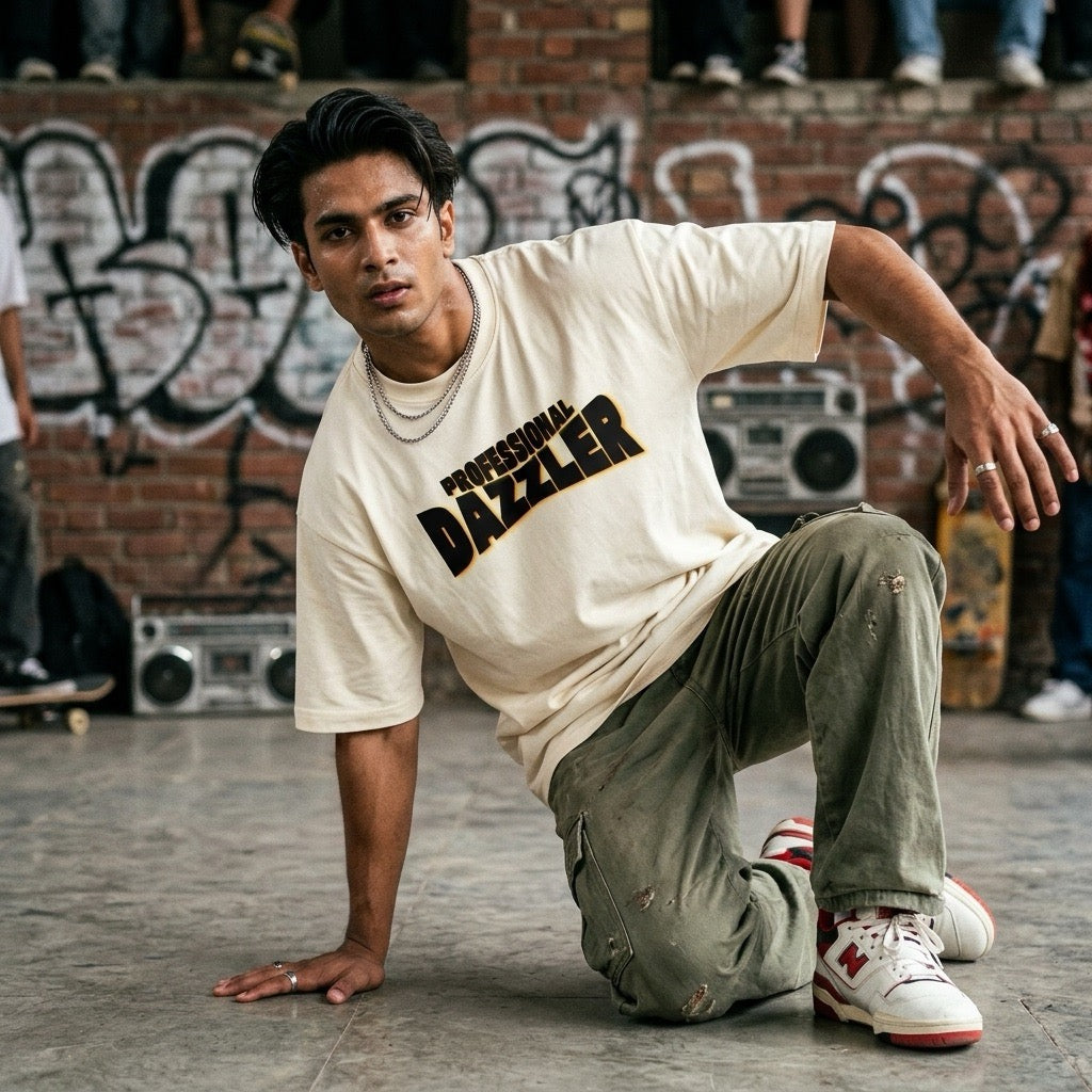 A dancer in a streetwear outfit posing on a concrete floor in front of a graffiti wall. He is wearing a cream-colored t-shirt with 'PERFUMED DAZZLER' printed in black and gold, olive green cargo pants, and white sneakers with red accents.