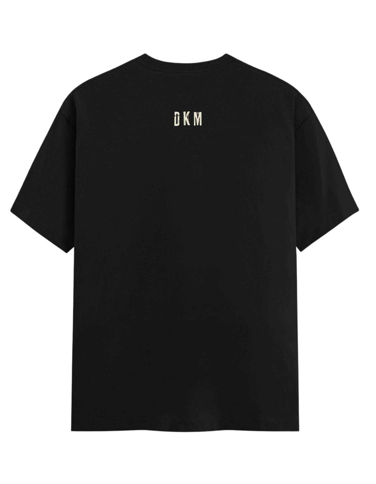 Black t-shirt with 'DKM' logo on the back against a white background