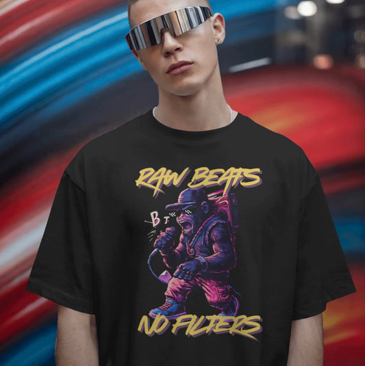 Person wearing a black t-shirt with a graphic design and text, set against a colorful blurred background.