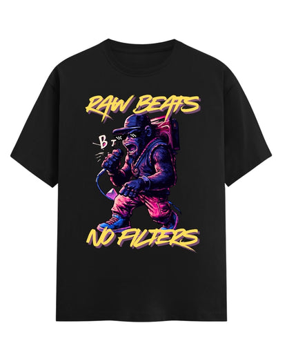 Black t-shirt with a graphic of a person in a spacesuit and text 'Raw Beats No Filters' on a white background