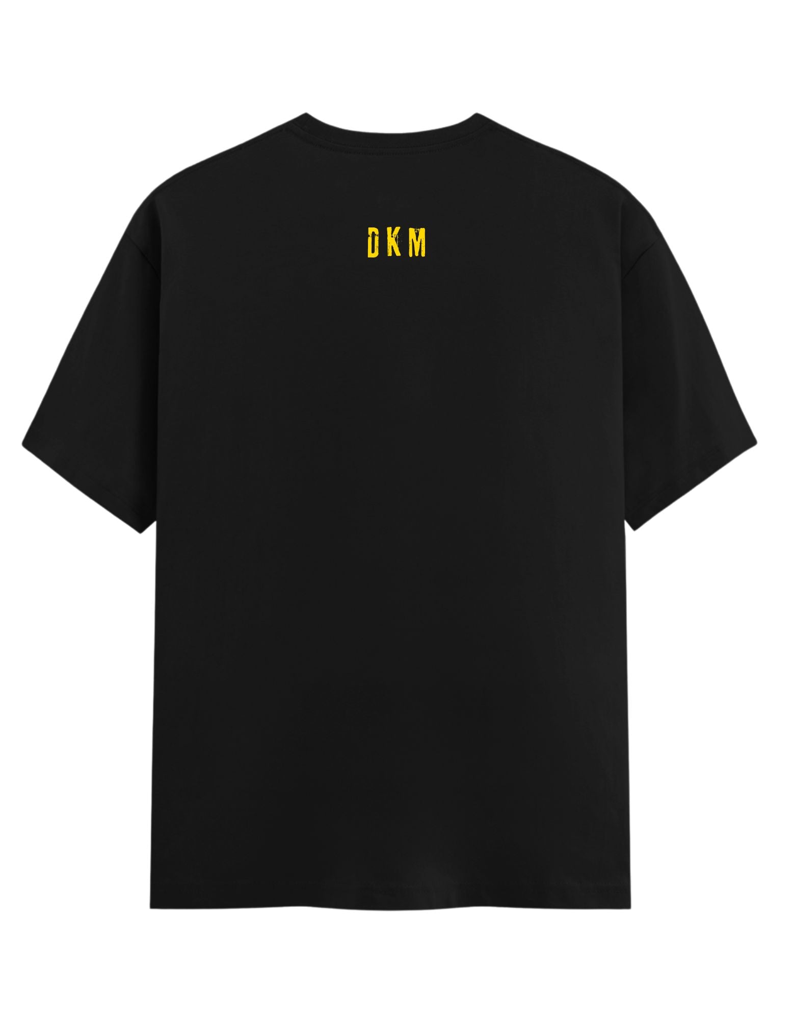 Black t-shirt with yellow logo on the back against a white background