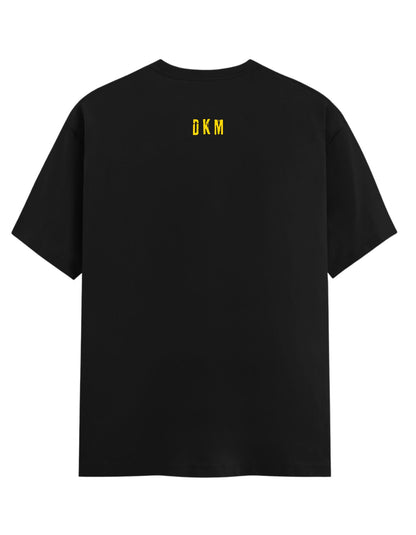 Black t-shirt with yellow logo on the back against a white background