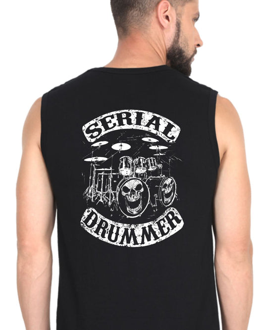 Black sleeveless shirt with 'Serial Drummer' graphic on the back, worn by a person.