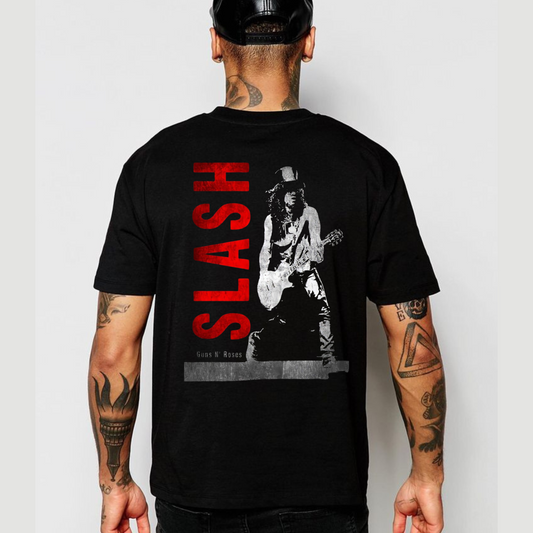 A person wearing a black Guns N' Roses Slash t-shirt with a graphic of Slash playing a guitar on the back, accompanied by bold red lettering.