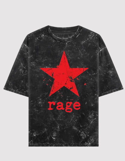 Black t-shirt with a red star and 'rage' text on a gray background
