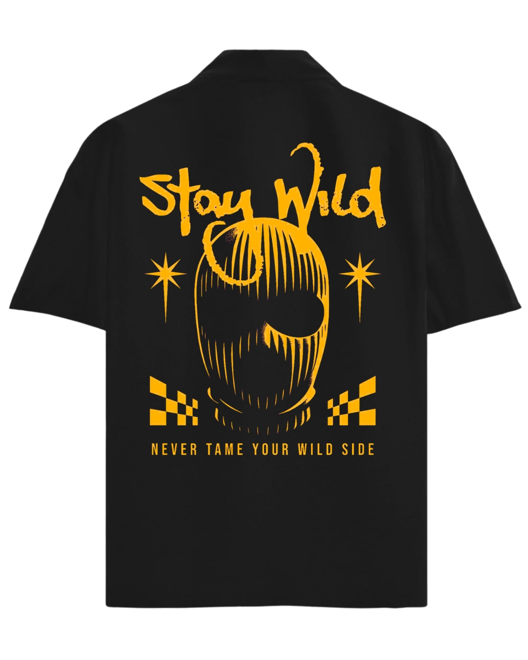Black t-shirt with yellow graphic and text 'Stay Wild Never Tame Your Wild Side' on a white background