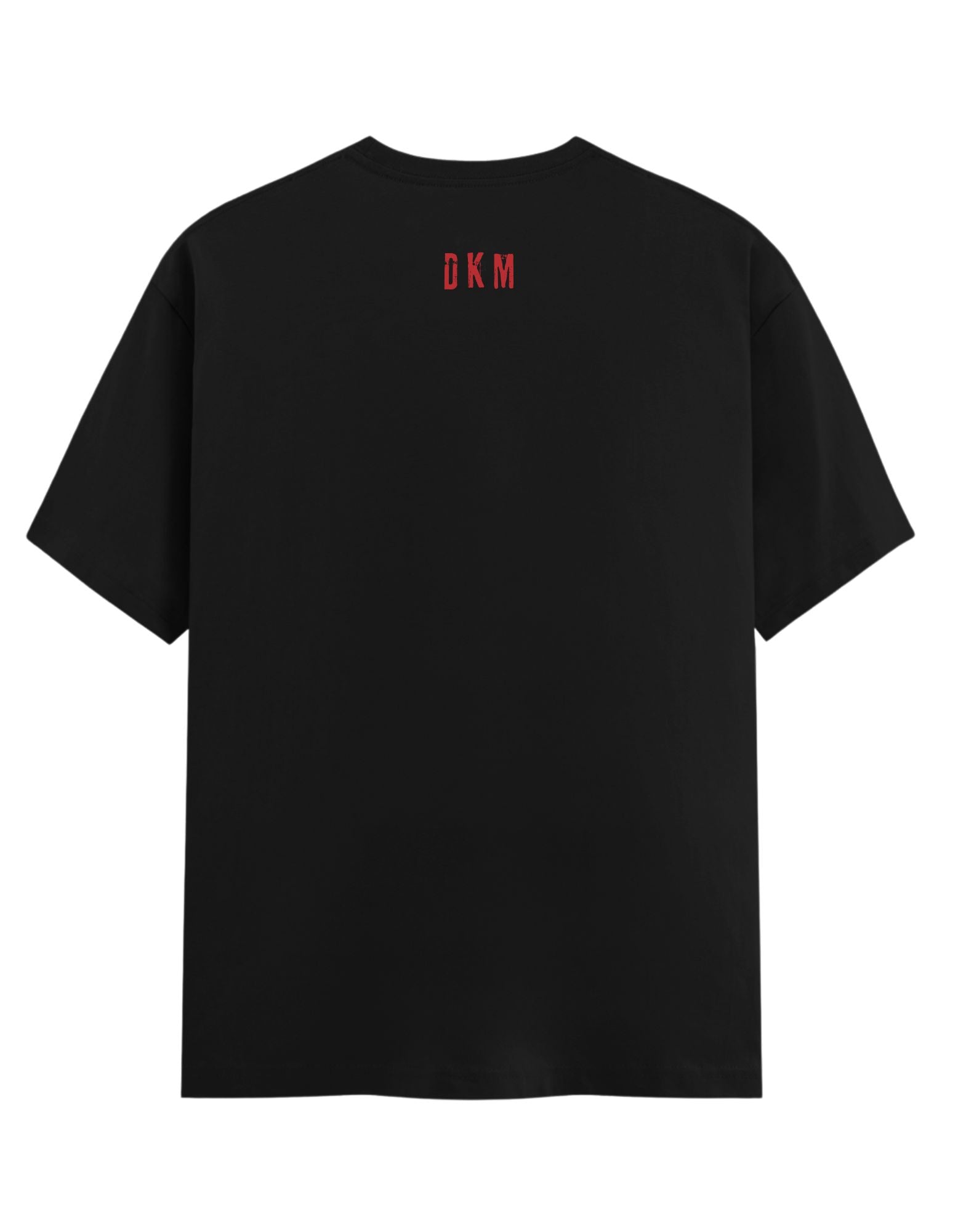 Black t-shirt with red logo on the back against a white background