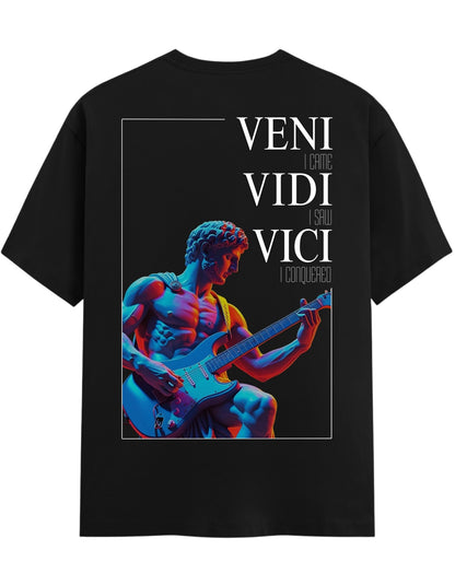 Black t-shirt with a graphic of a muscular figure playing guitar and text on the back.