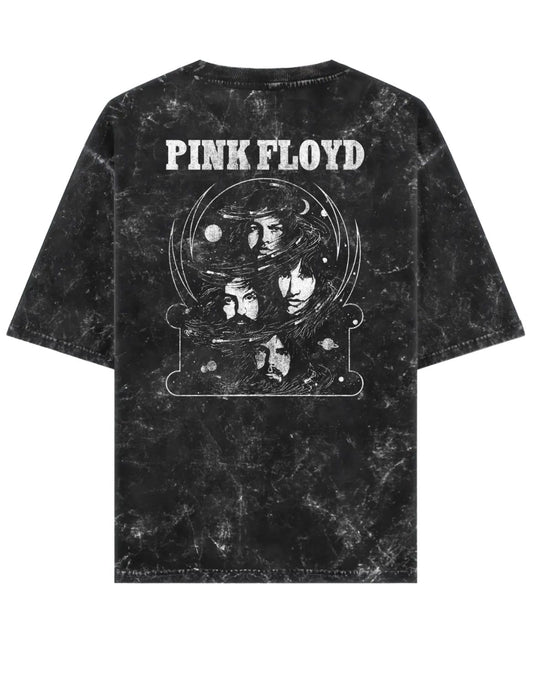 Black t-shirt with Pink Floyd graphic design on a white background