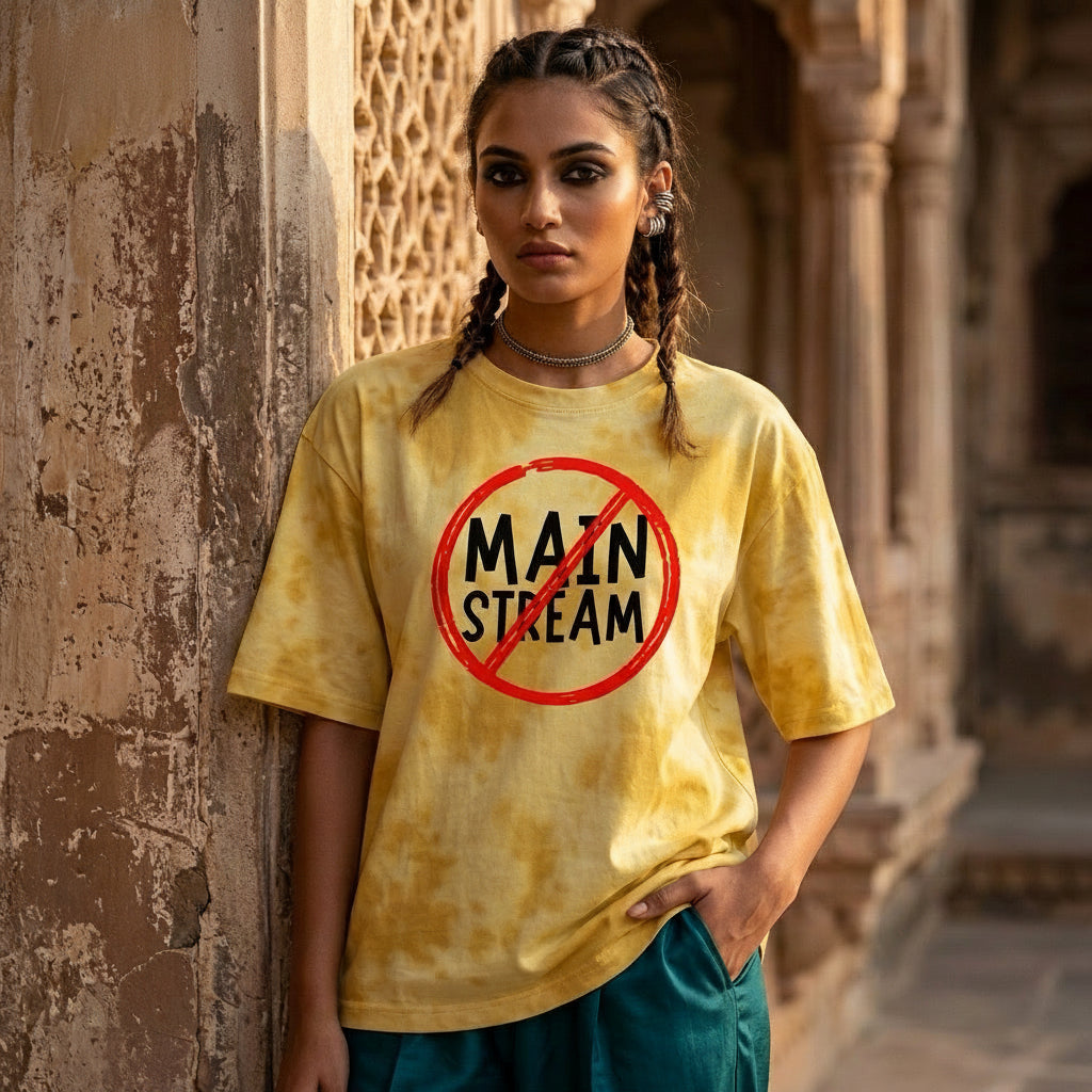 musician wearing a yellow t-shirt with 'MAINSTREAM' design, standing against an architectural background.
