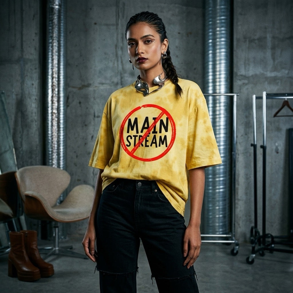 musician wearing a yellow t-shirt with a red circle and line through the word 'ANTI MAINSTREAM' in an industrial setting.