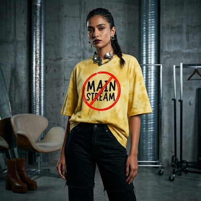 musician wearing a yellow t-shirt with a red circle and line through the word 'ANTI MAINSTREAM' in an industrial setting.