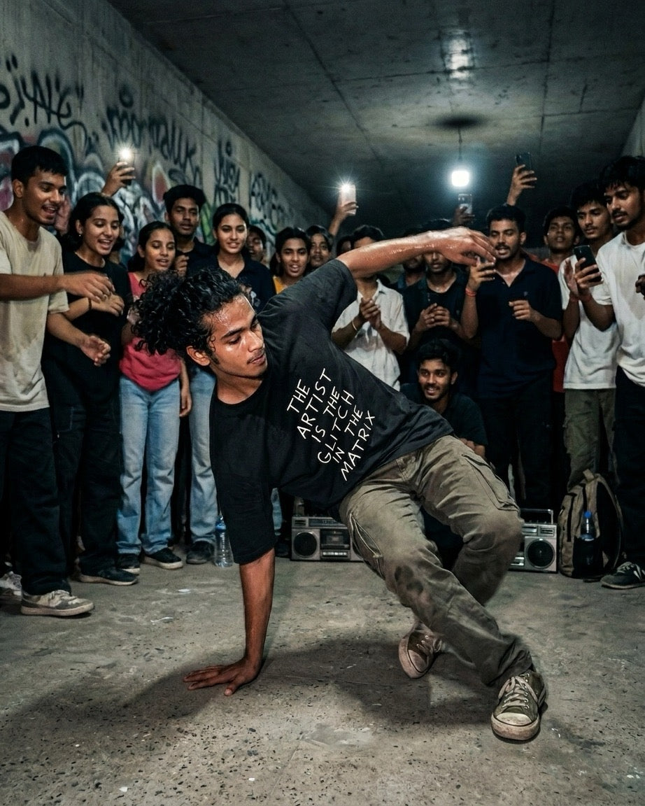 dancer performing a handstand in front of a crowd in a graffiti-covered tunnel wearing drummerkong oversized Tshirt.