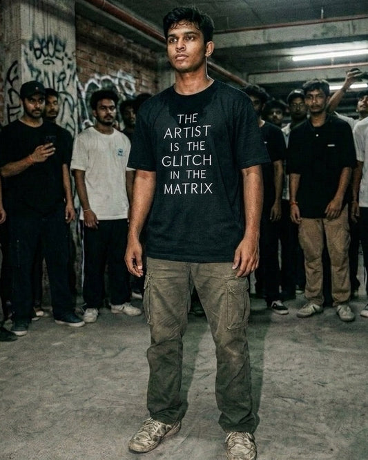Dancer wearing a t-shirt with a philosophical quote in cypher with graffiti on the wall.