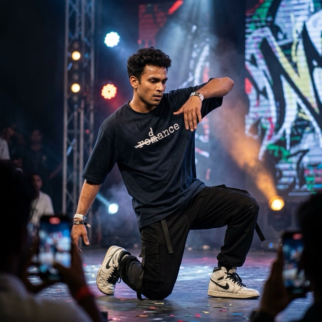 Dancer performing on stage wearing Drummerkong oversized dancer t-shirt with 'dance' text 