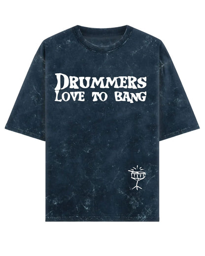 Blue t-shirt with 'DRUMMERS LOVE TO BANG' text on a white background