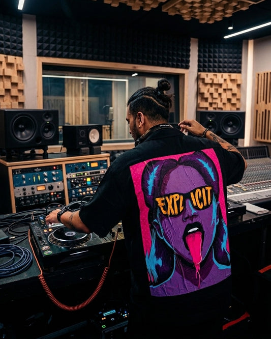 Person in a recording studio wearing a oversized Shirt with a colorful graphic design.
