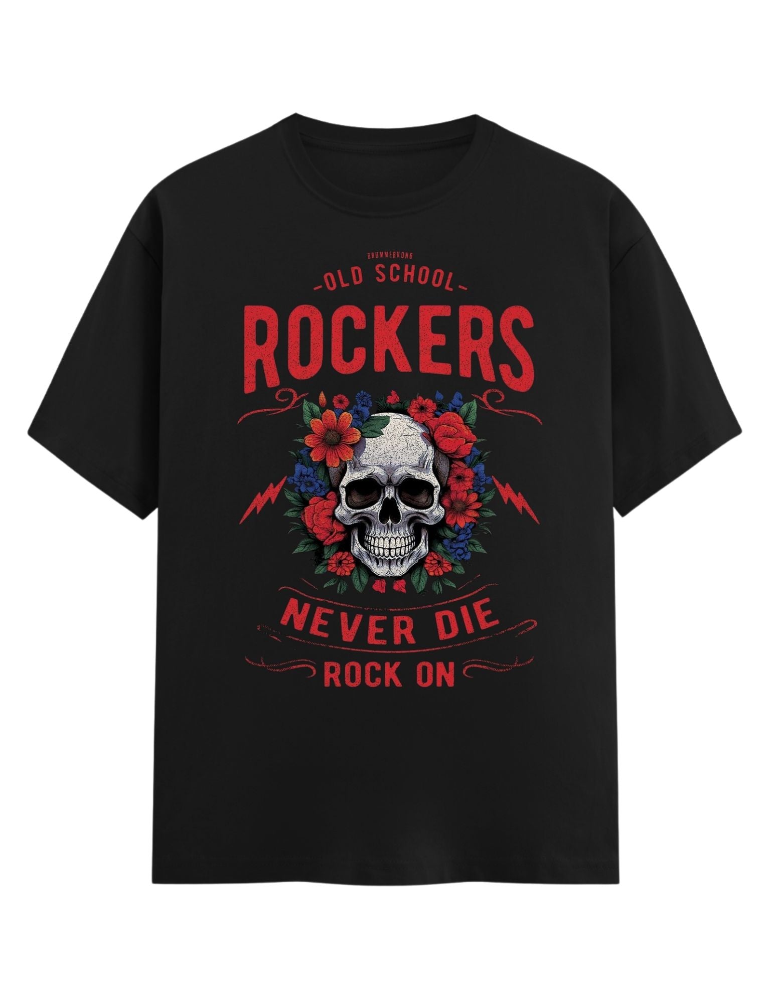 Black t-shirt with skull and floral design and text on a white background