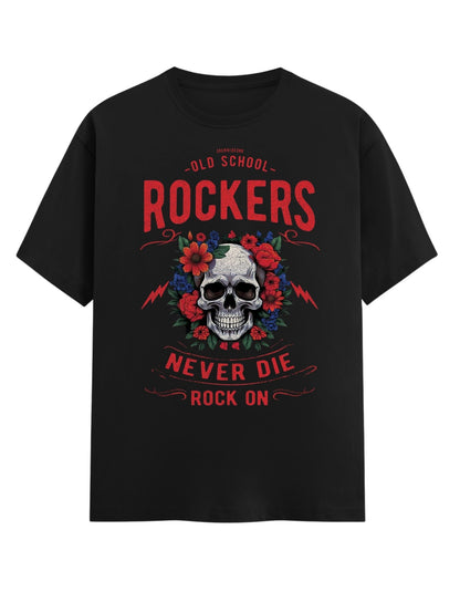 Black t-shirt with skull and floral design and text on a white background