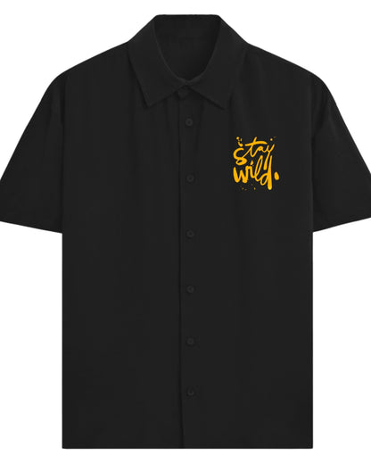 Black shirt with yellow 'Stay Wild.' text on a white background