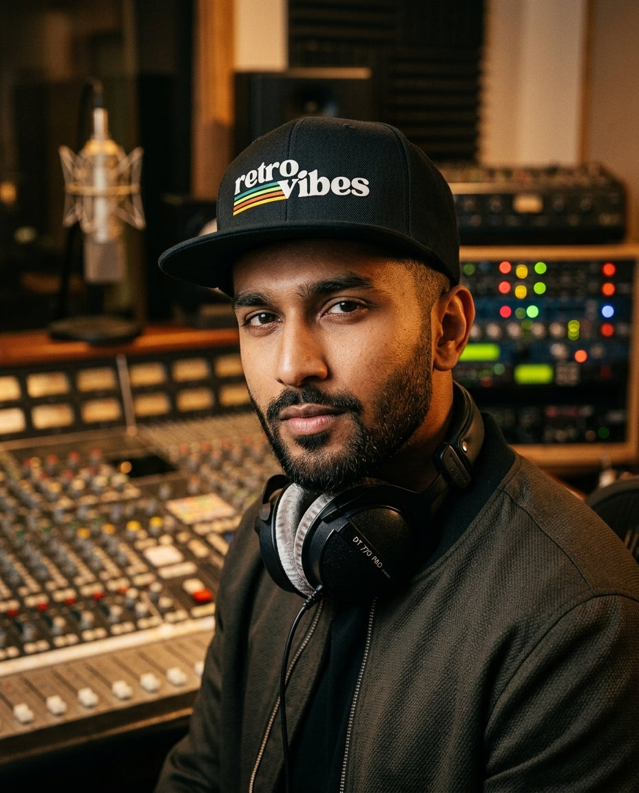 Person wearing a 'retro vibes' snapback cap in a dj recording studio setting