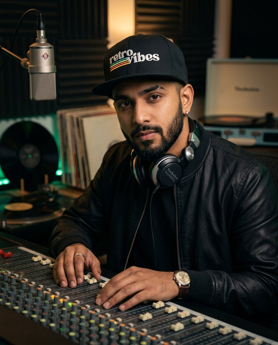 Person wearing a 'retro vibes' cap in a recording studio with audio equipment.