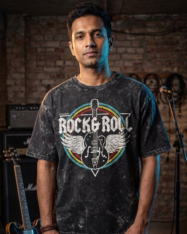 guitarist wearing rock and roll drummerkong acid washed tshirt
